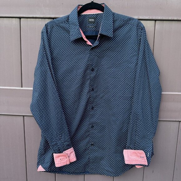 Hugo Boss Men's Regular Shirt Navy Blue Sz L Flip Cuff Long Sleeve Preppy Casual - Picture 1 of 7